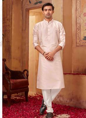 Straight Art silk light pink solid collar neck with embroidery kurta payjama 1