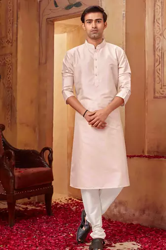 Straight art silk light pink solid collar neck with embroidery kurta payjama