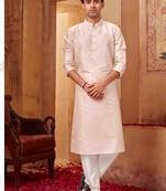 Straight art silk light pink solid collar neck with embroidery kurta payjama