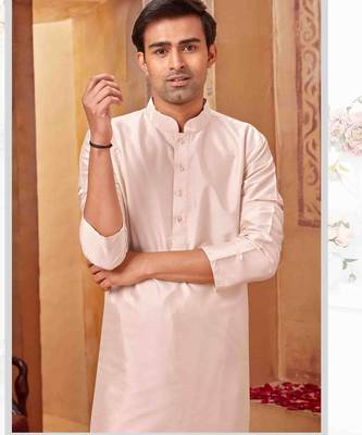 Straight Art silk light pink solid collar neck with embroidery kurta payjama 2