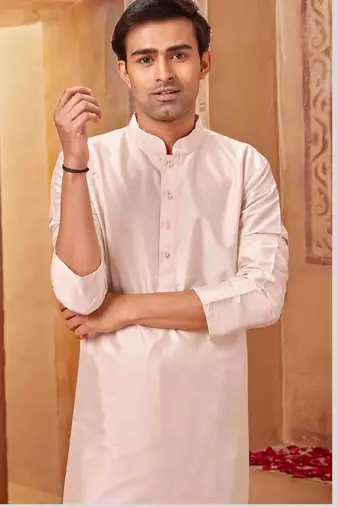 Straight art silk light pink solid collar neck with embroidery kurta payjama
