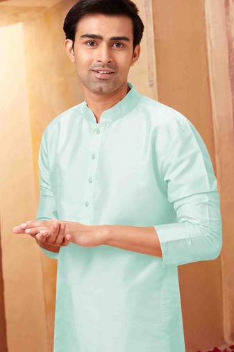 Straight art silk aqua blue solid collar neck with embroidery kurta payjama