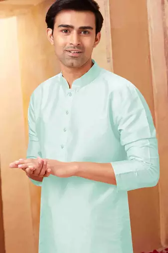 Straight art silk aqua blue solid collar neck with embroidery kurta payjama