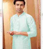 Straight art silk aqua blue solid collar neck with embroidery kurta payjama