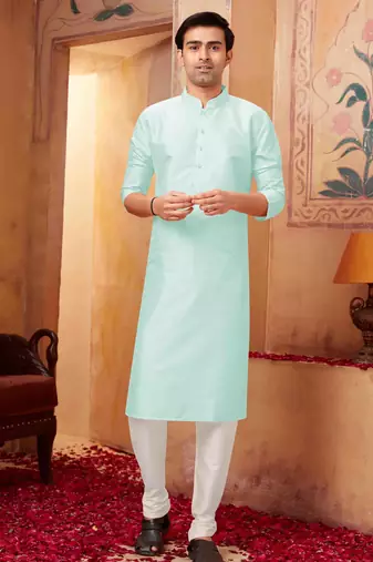 Straight art silk aqua blue solid collar neck with embroidery kurta payjama