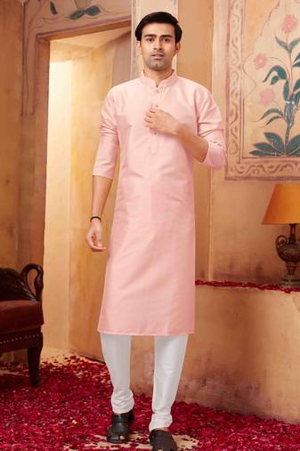 Straight art silk pink solid collar neck with embroidery kurta payjama