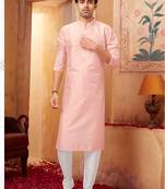 Straight art silk pink solid collar neck with embroidery kurta payjama