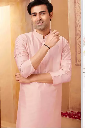 Straight art silk pink solid collar neck with embroidery kurta payjama