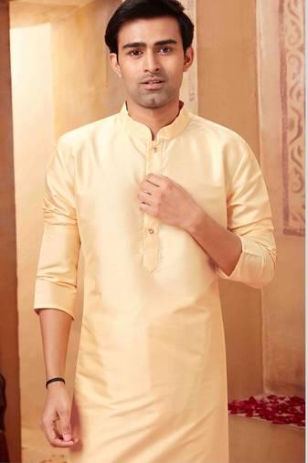 Straight art silk light beige solid collar neck with embroidery kurta payjama