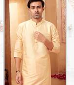 Straight art silk light beige solid collar neck with embroidery kurta payjama