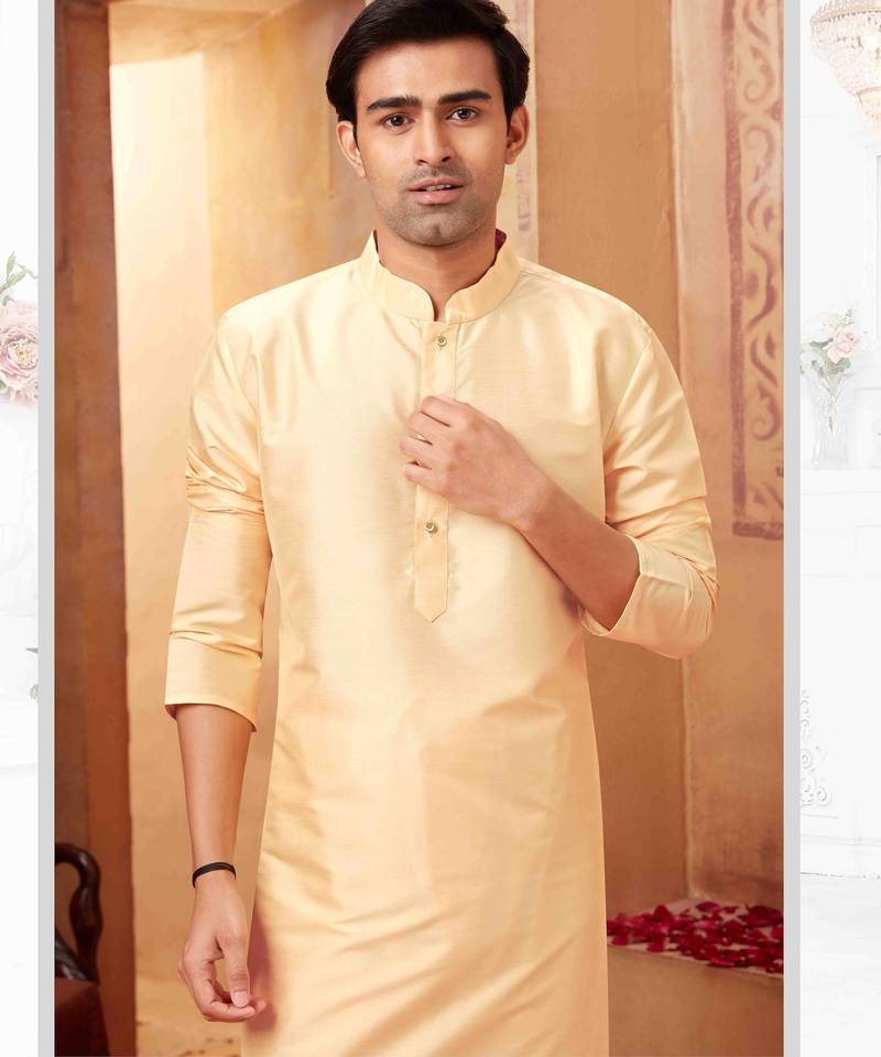 Straight art silk light beige solid collar neck with embroidery kurta payjama