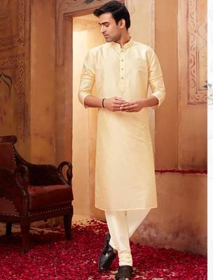 Straight Art silk light beige solid collar neck with embroidery kurta payjama 2