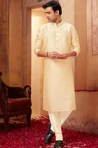 Straight art silk light beige solid collar neck with embroidery kurta payjama