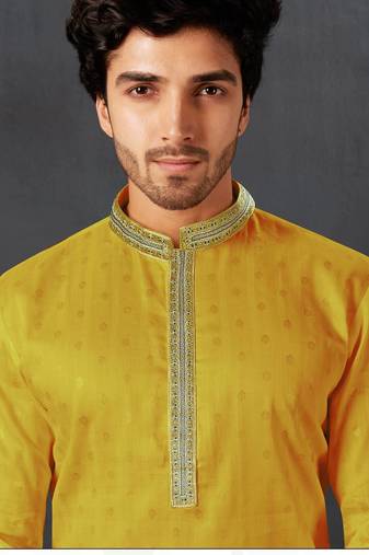 Straight cotton yellow solid collar neck with embroidery kurta payjama