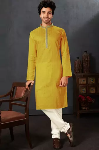Straight cotton yellow solid collar neck with embroidery kurta payjama
