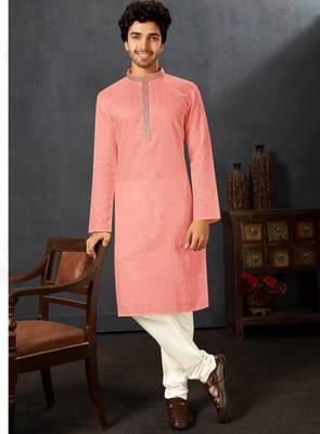 Straight cotton baby pink solid collar neck with embroidery kurta payjama 1