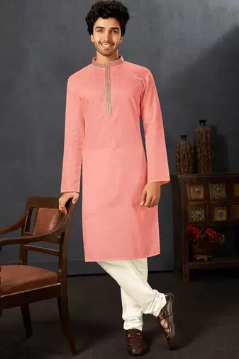 Straight cotton baby pink solid collar neck with embroidery kurta payjama