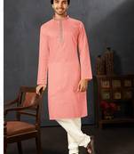 Straight cotton baby pink solid collar neck with embroidery kurta payjama