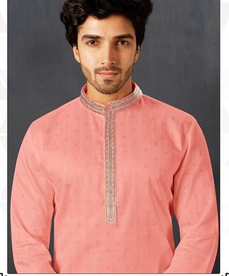 Straight cotton baby pink solid collar neck with embroidery kurta payjama 2