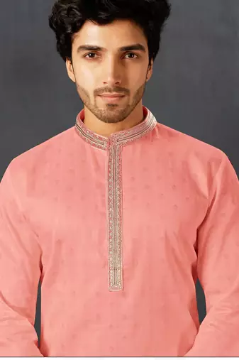 Straight cotton baby pink solid collar neck with embroidery kurta payjama