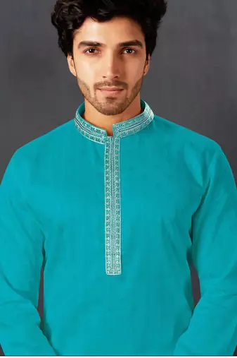 Straight cotton firozi solid collar neck with embroidery kurta payjama