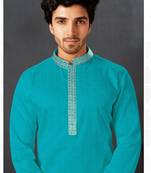 Straight cotton firozi solid collar neck with embroidery kurta payjama