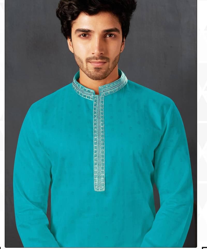 Straight cotton firozi solid collar neck with embroidery kurta payjama