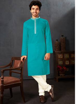 Straight cotton firozi solid collar neck with embroidery kurta payjama 2