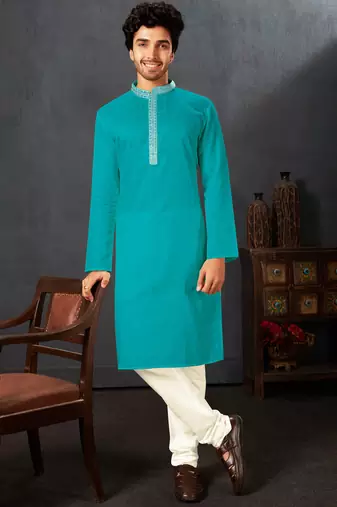 Straight cotton firozi solid collar neck with embroidery kurta payjama