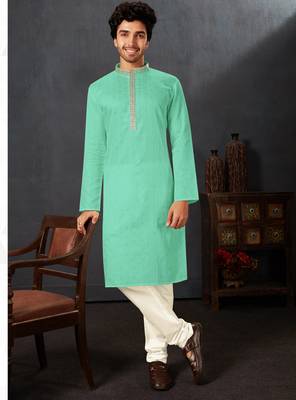 Straight cotton c.green solid collar neck with embroidery kurta payjama 1