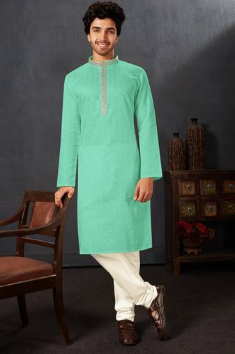 Straight cotton c.green solid collar neck with embroidery kurta payjama