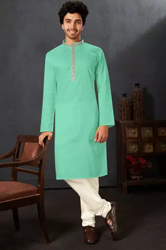Straight cotton c.green solid collar neck with embroidery kurta payjama