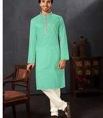 Straight cotton c.green solid collar neck with embroidery kurta payjama