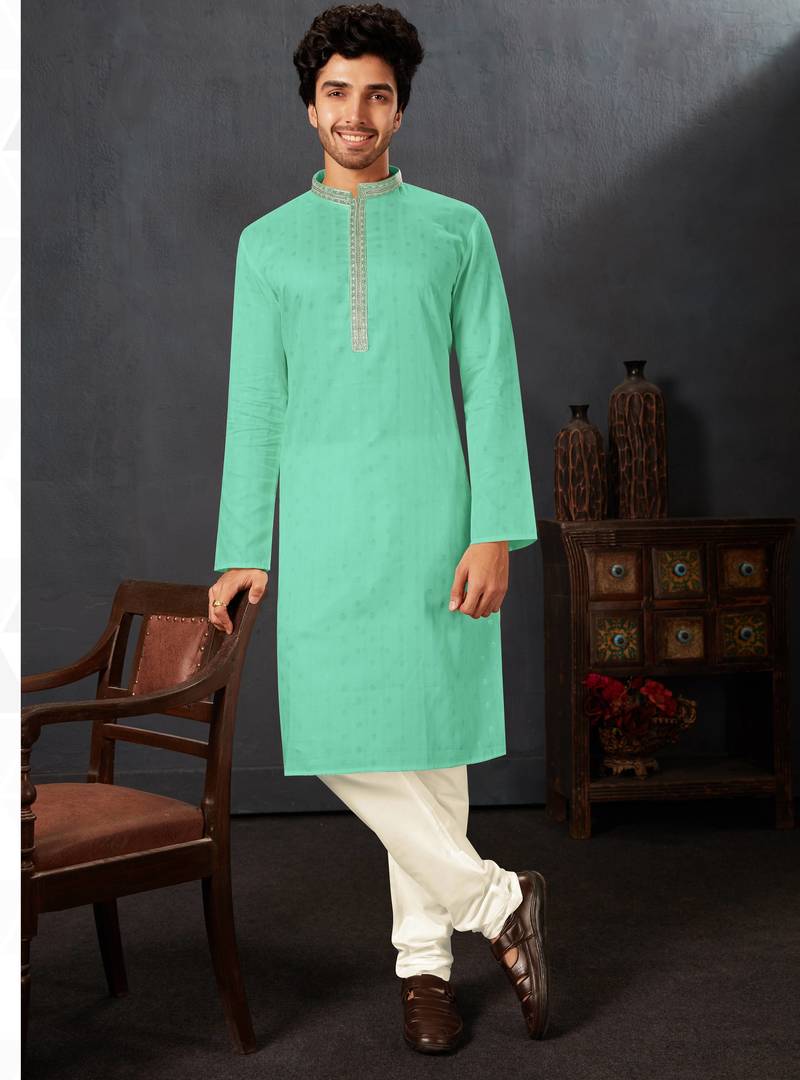 Straight cotton c.green solid collar neck with embroidery kurta payjama