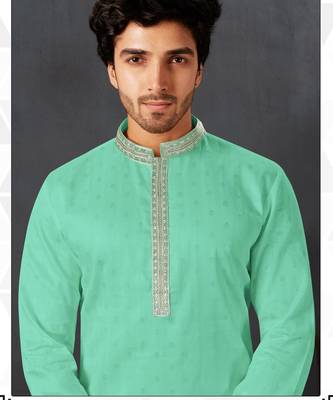 Straight cotton c.green solid collar neck with embroidery kurta payjama 2