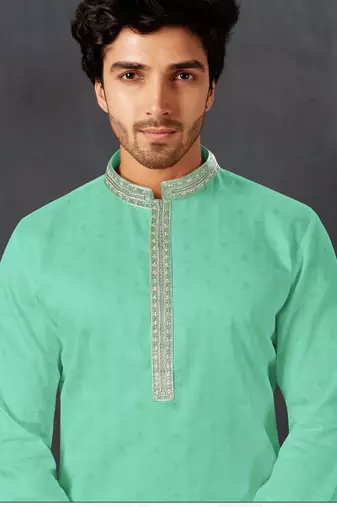 Straight cotton c.green solid collar neck with embroidery kurta payjama