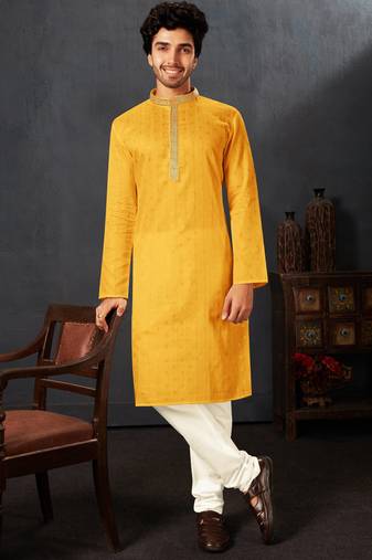 Straight cotton yellow solid collar neck with embroidery kurta payjama