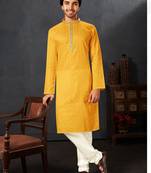 Straight cotton yellow solid collar neck with embroidery kurta payjama
