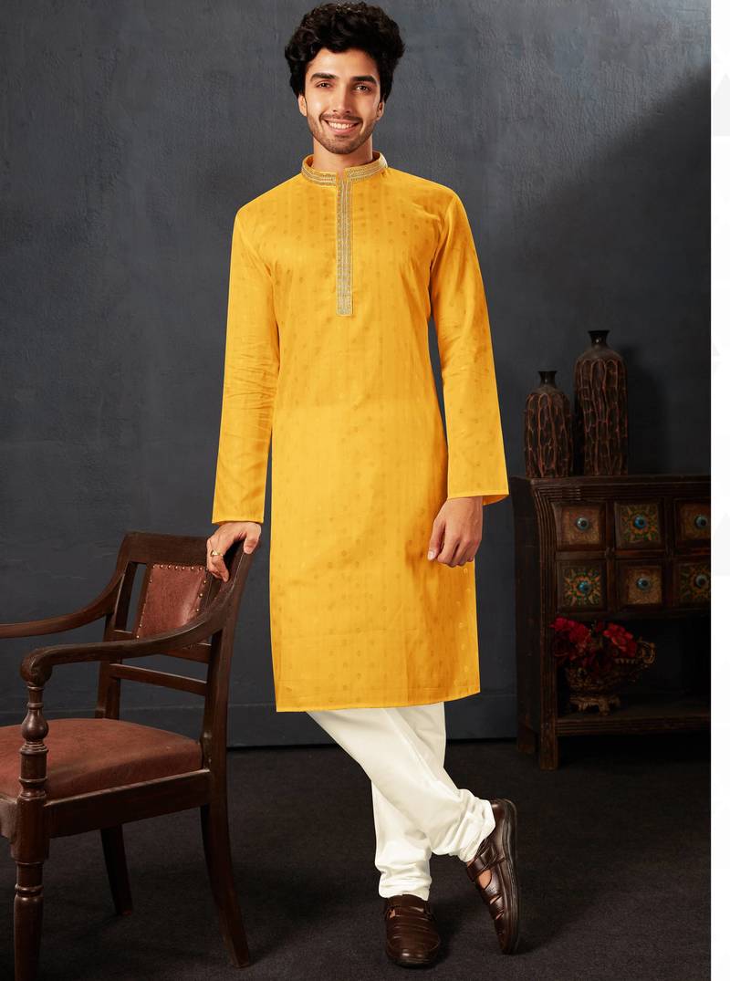 Straight cotton yellow solid collar neck with embroidery kurta payjama