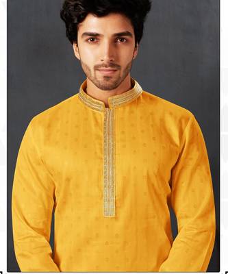 Straight cotton yellow solid collar neck with embroidery kurta payjama 2