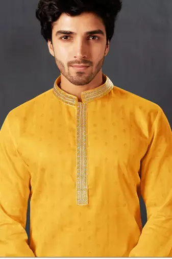 Straight cotton yellow solid collar neck with embroidery kurta payjama