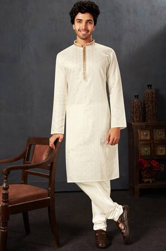 Straight cotton white solid collar neck with embroidery kurta payjama