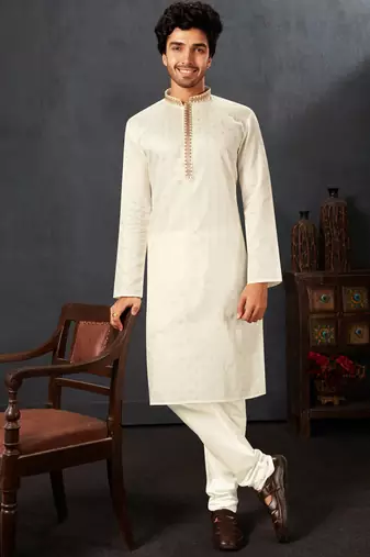 Straight cotton white solid collar neck with embroidery kurta payjama