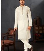 Straight cotton white solid collar neck with embroidery kurta payjama