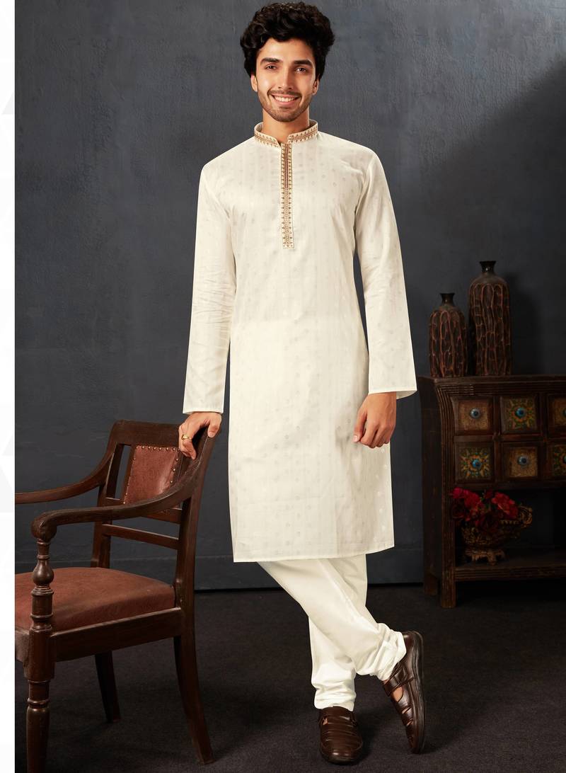 Straight cotton white solid collar neck with embroidery kurta payjama