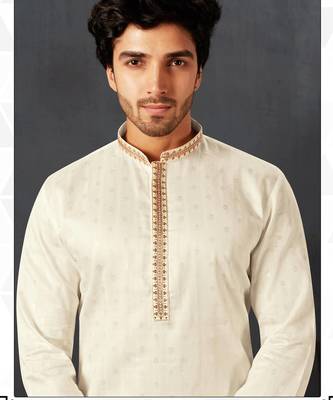 Straight cotton white solid collar neck with embroidery kurta payjama 2