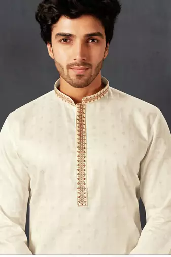 Straight cotton white solid collar neck with embroidery kurta payjama