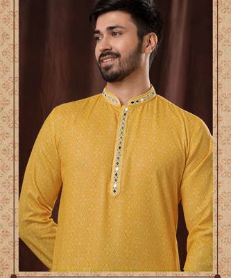 Straight Art silk yellow solid collar neck with embroidery kurta payjama 1