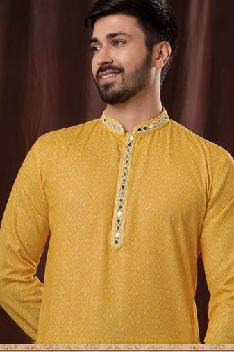 Straight art silk yellow solid collar neck with embroidery kurta payjama