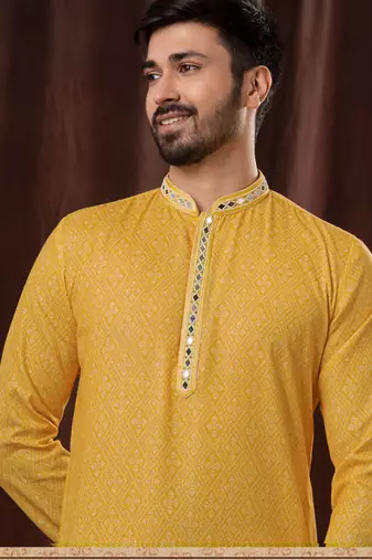 Straight art silk yellow solid collar neck with embroidery kurta payjama